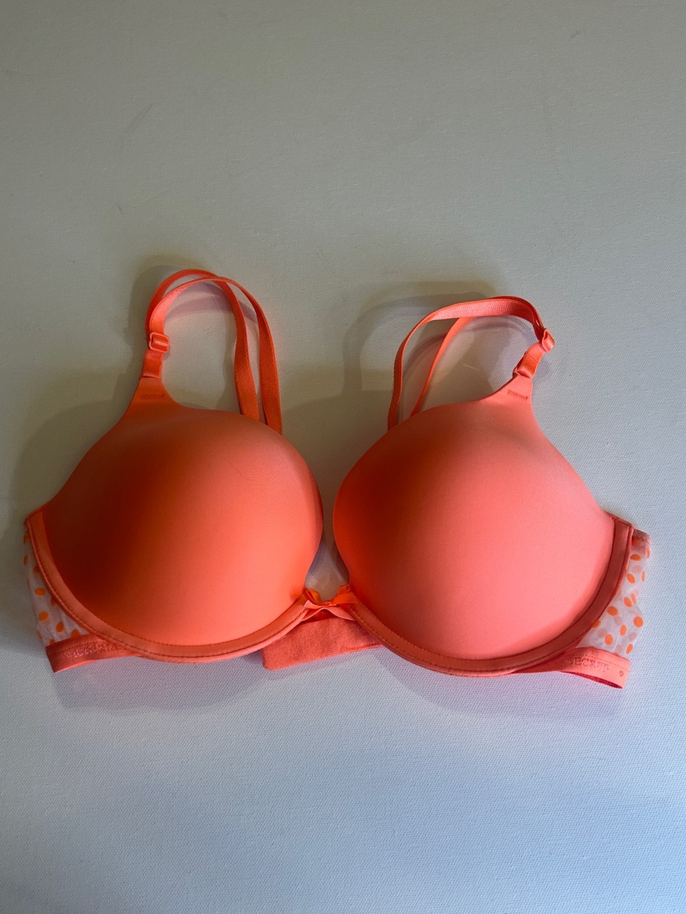 Victoria’s Secret Push-Up Bra 34C Neon Coral Polka Dot Underwire Padded Bra NWT